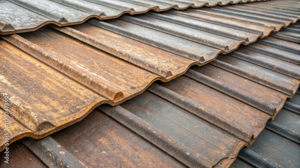 Poster a closeup view of weathered metal roofing panels stacked in perfect alignment with remnants of prote