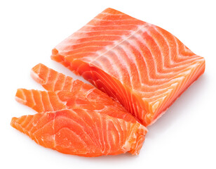 Salmon fillet and salmon slices isolated on white background. File contains clipping path.