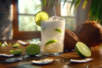 Refreshing coconut and lime cocktail garnished with fresh lime slices in a relaxing tropical setting.