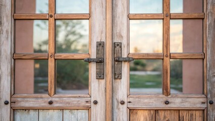 Obraz premium A close view of wooden French doors showcases a series of mismatched hinges each with its own unique patina. The doors are positioned in front of a backdrop of soft muted colors