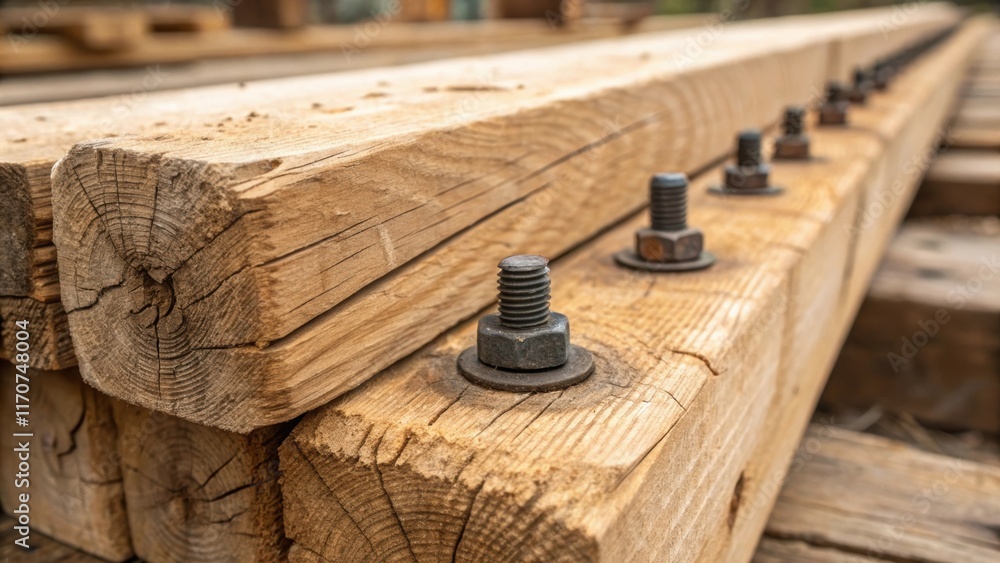 Aufkleber A close view where the texture of roughhewn timber is prominently displayed featuring grains and rough edges. Nestled a the wood are an assortment of robust mechanical fasteners