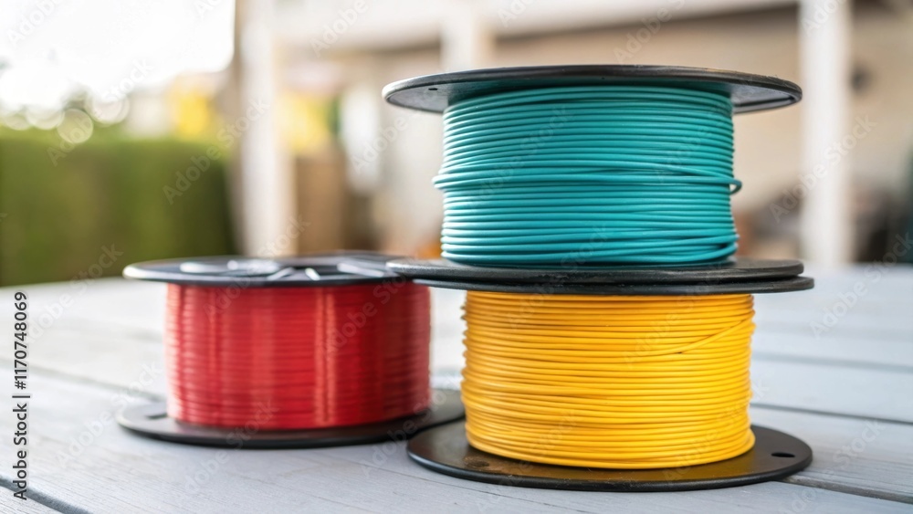 Aufkleber A composition of spools arranged in a triangle draws the eye to the vibrant layers of wire each spool representing a different electrical function within the house. The background