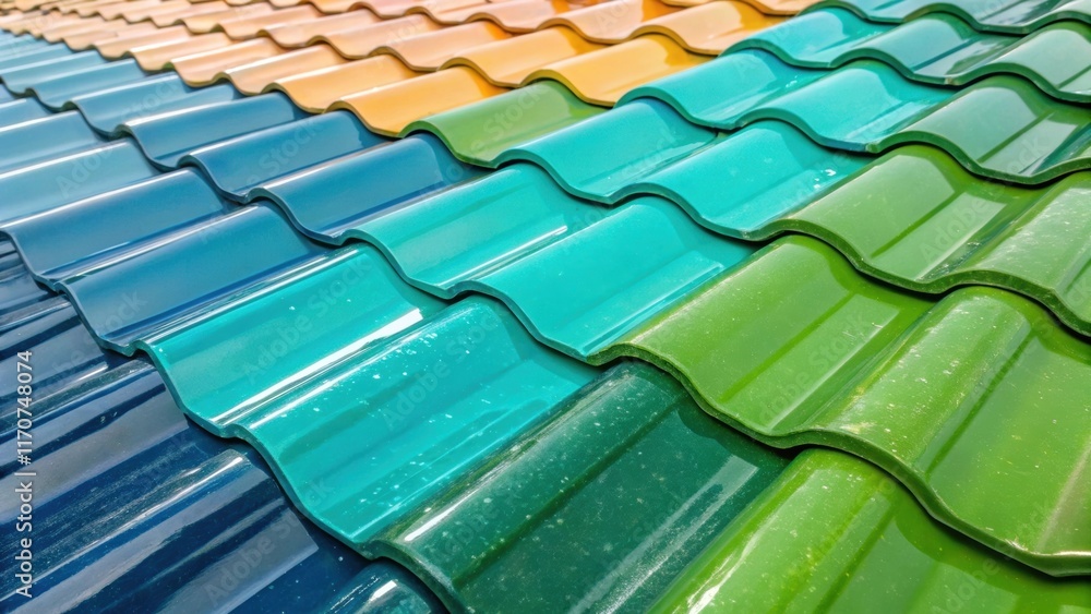 Poster a colorful collection of glazed ceramic roof tiles featuring a spectrum from bright turquoise to eme
