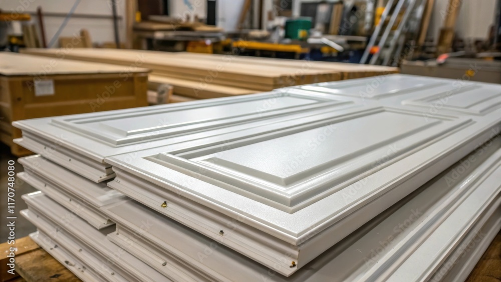 Aufkleber a collection of storm door panels is stacked neatly in a workshop surrounded by tools and materials.