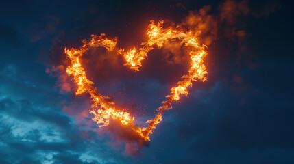 Beautiful burning fiery heart on blue night sky background. Template for design Holiday greeting card, banner for Valentine's Day, Wedding.