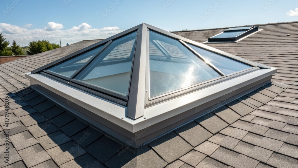 Poster A contemporary skylight frame constructed from aluminum sleek and minimalistic. The sharp lines and powdercoated finish provide a sharp contrast to the textured shingles of the