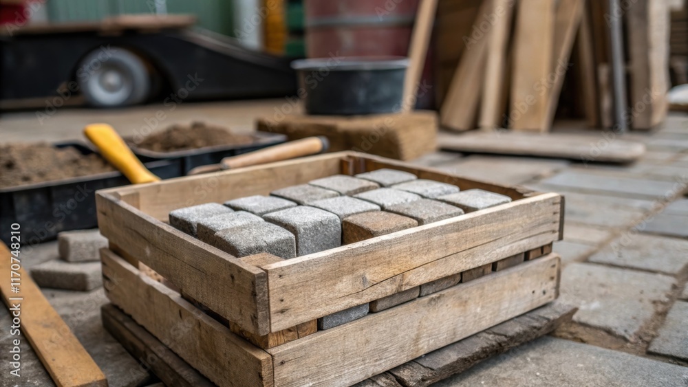 Fototapete a deepfocus view of a rustic wooden crate partially filled with paving stones set against a backdrop
