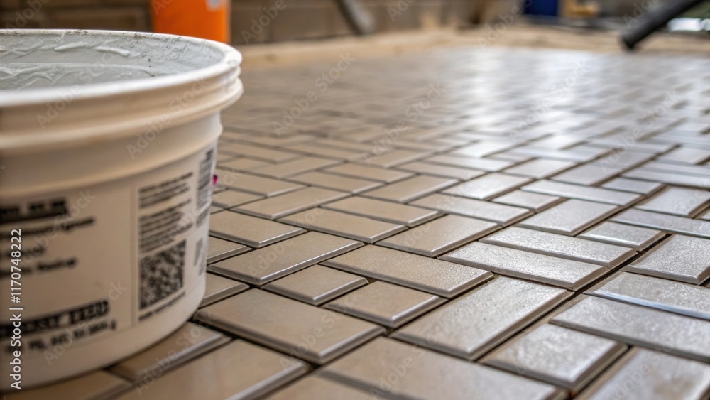 Aufkleber A detailed closeup of a tiled surface midinstallation with a bucket of premixed grout in the foreground partially blurred to create depth. The masterful arrangement of tiles each