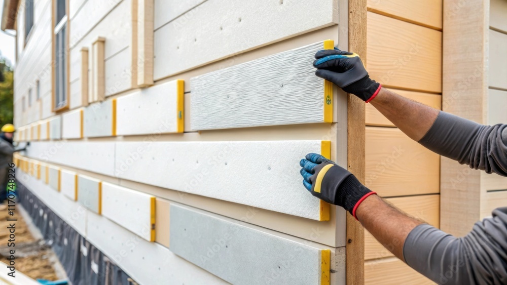 Poster A detailed capture of foam insulation boards being secured to an exterior wall with specialized adhesive showcasing the technicians hands at work. The highresolution image