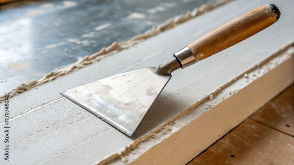 Poster a detailed closeup of a trowel sc across the freshly installed sheet of drywall captures the moment 