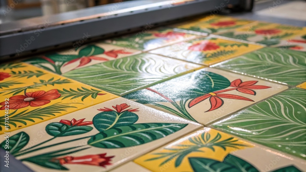 Poster A detailed closeup of a tiled sheet covered in a glossy finish displaying colorful botanical patterns. The way light plays off the surface reveals dimensionality in the design