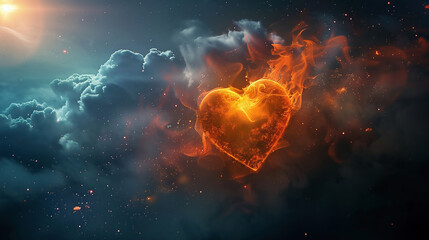 Beautiful burning fiery heart on blue night sky background. Template for design Holiday greeting card, banner for Valentine's Day, Wedding.