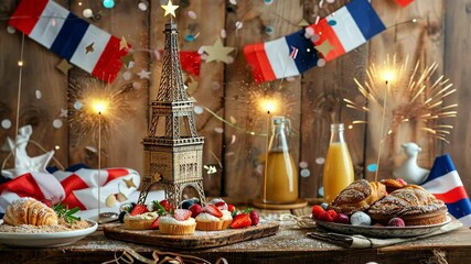 Bastille Day Celebration Display with Bastille Replica, French Flags, and Traditional Pastries on Wooden Backdrop