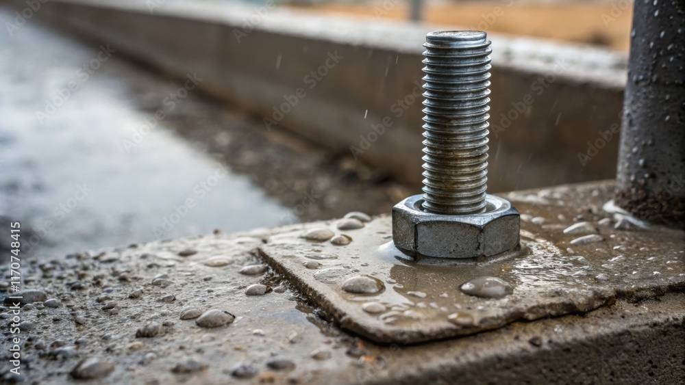Poster a detailed image focusing on the junction where a foundation bolt meets the wet concrete capturing t