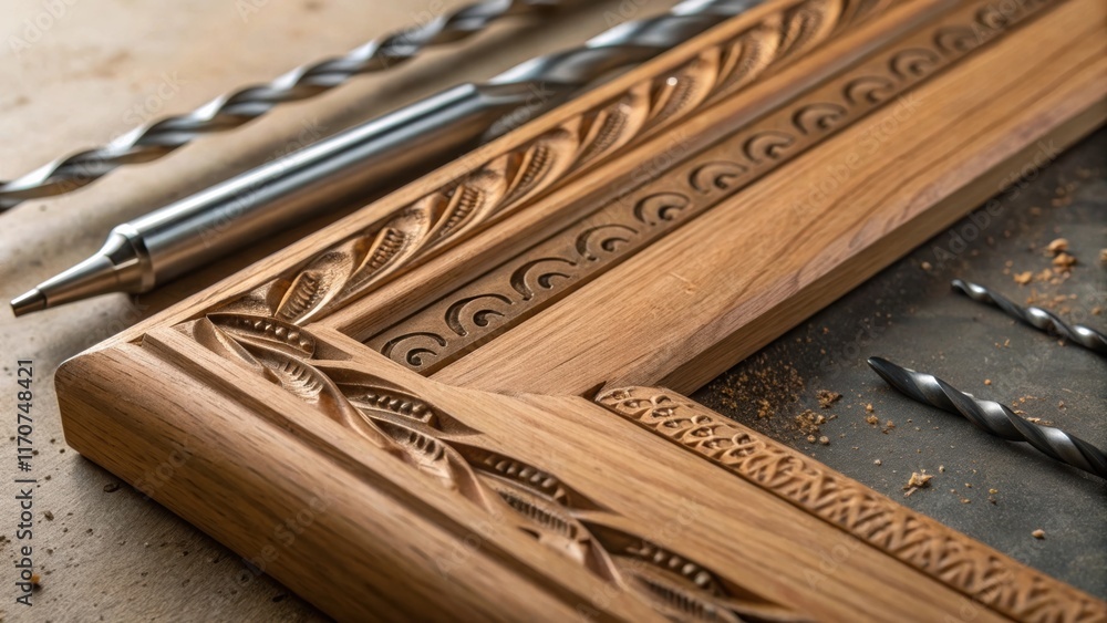 Poster A detailed image captures the textures of a wooden frame with drill bits positioned strategically around it displaying their sharp edges and intricate designs. The natural grain of