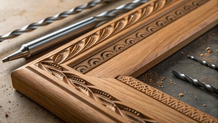 A detailed image captures the textures of a wooden frame with drill bits positioned strategically around it displaying their sharp edges and intricate designs. The natural grain of