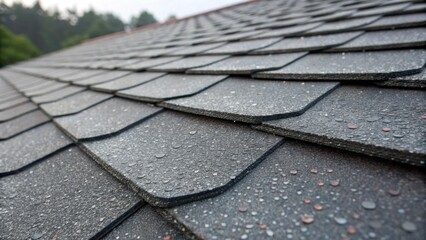 A detailed image capturing the layered assembly of asphalt shingles on a sloping roof showcasing the craftsmanship involved. The shingles overlap perfectly creating a dynamic