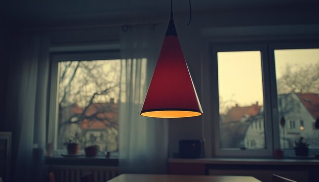 Red lamp illuminates apartment, city view