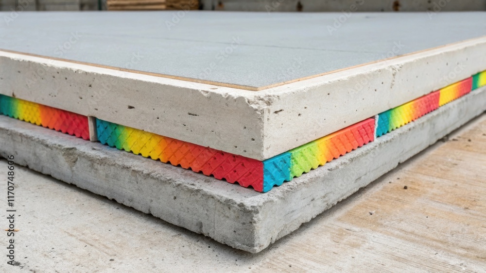 Poster a detailed look at a precast concrete slabs edge where vibrant insulation material is visibly tucked