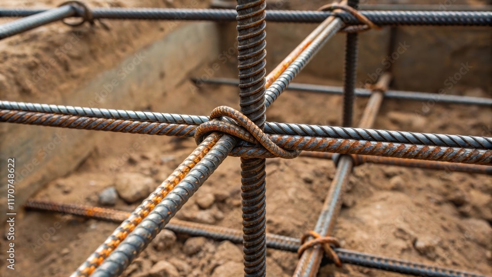 Poster a detailed shot features the points where the steel rods intersect revealing the tightly tied wire t