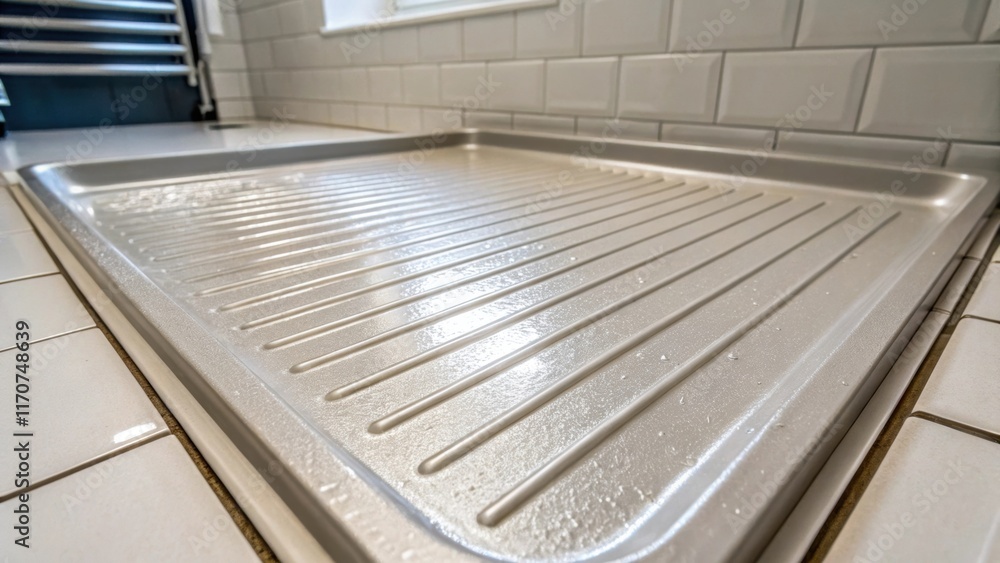 Poster a detailed shot capturing the texture of a pre shower pan highlighting its nonslip surface. light gl