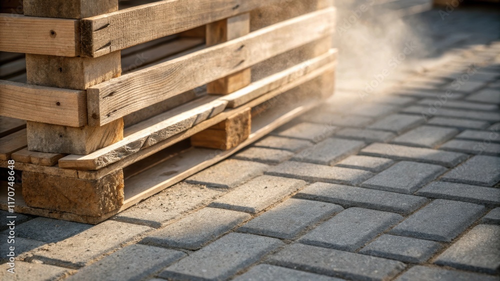 Poster A detailed shot capturing the interplay between the co wooden slats of a crate and the angular edges of the paving stones it contains. Dust motes dance in the sunlight that filters