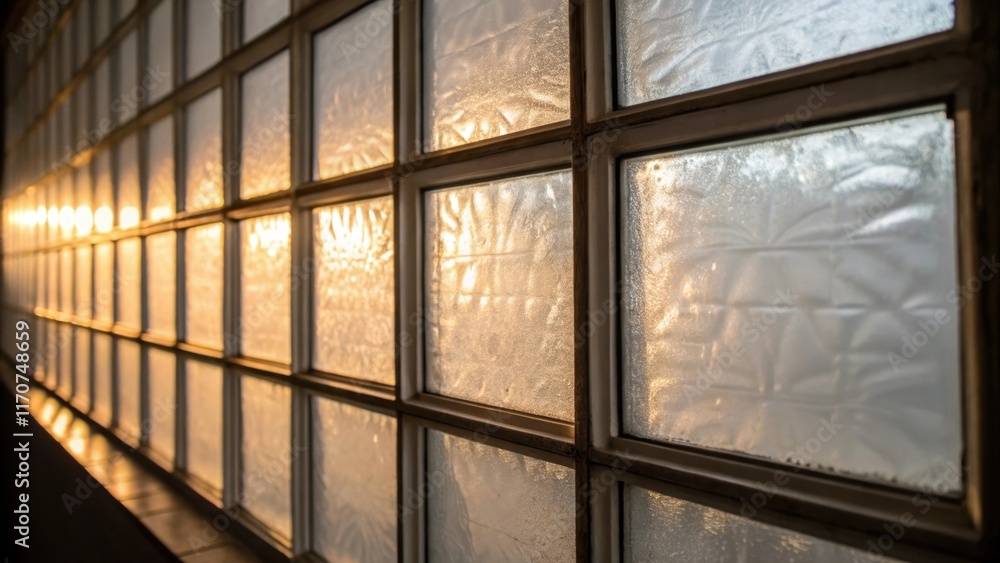 Aufkleber A detailed shot focusing on a section of frosted glass blocks where the diffused light softens the rooms atmosphere. The almost opaque surface obscures visibility while allowing a