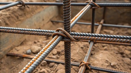 A detailed shot features the points where the steel rods intersect revealing the tightly tied wire that binds them together. The closeup highlights the craftsmanship involved with