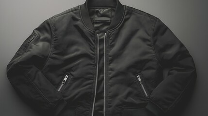 Stylish black bomber jacket displayed on a minimalist background