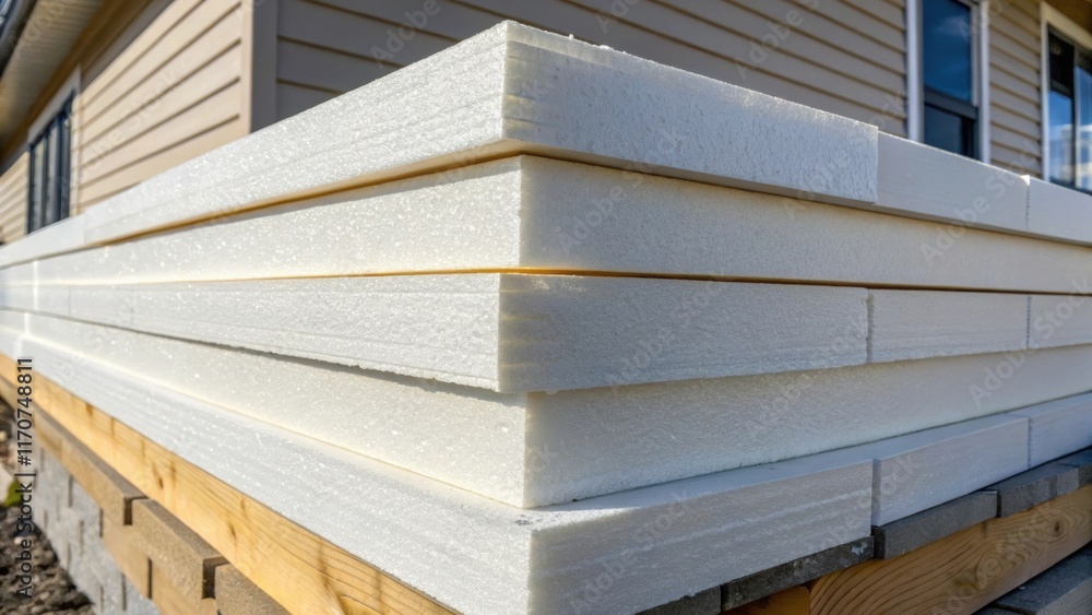 Poster a detailed shot of foam insulation boards layered on an exterior wall with the installation process 