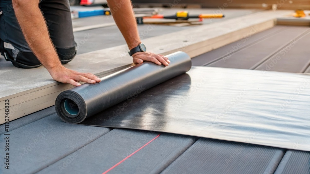 Poster a detailed shot of a workers hands unrolling a flat roof membrane on an exposed deck revealing the s
