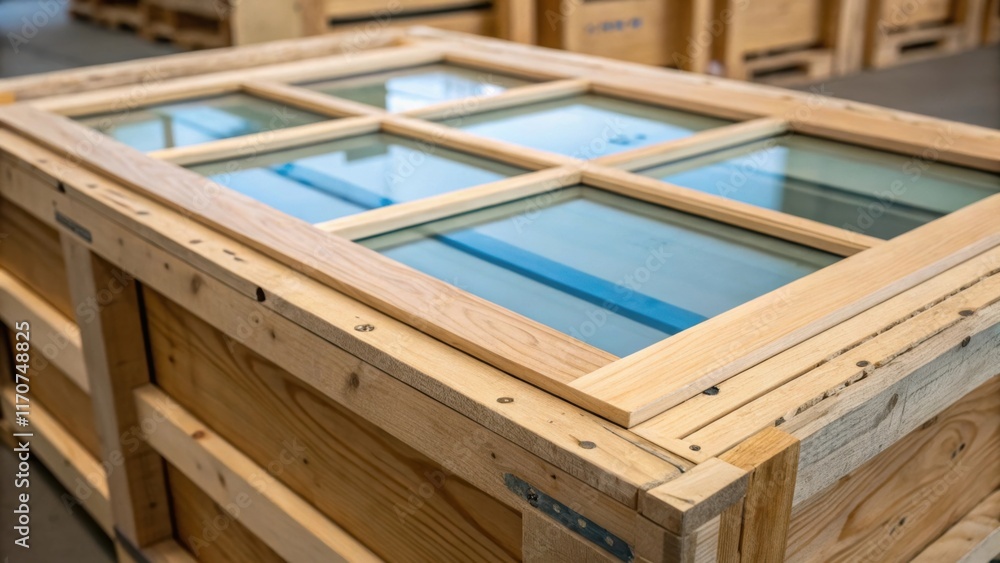 Poster a detailed shot of doubleglazed window panes tightly nestled within a handcrafted shipping crate sho