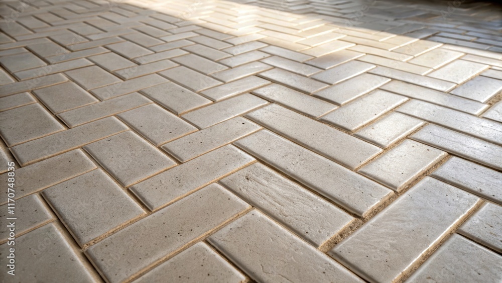 Poster a detailed shot of ceramic tiles laid out in a classic herringbone pattern interspersed with bright 