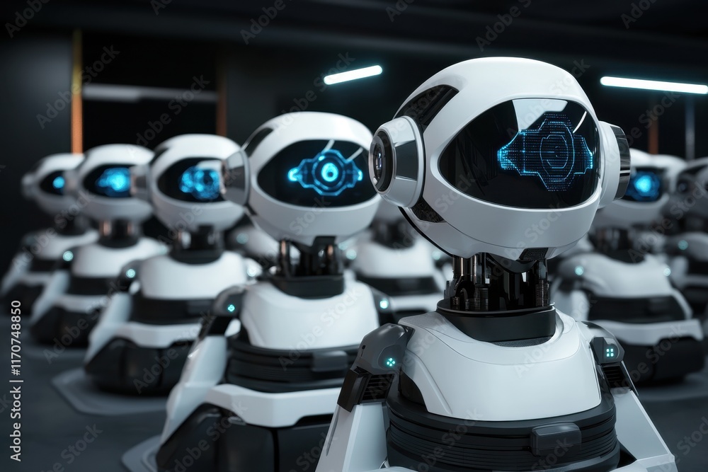 Poster innovative robots lined up in a modern technology laboratory ready for deployment