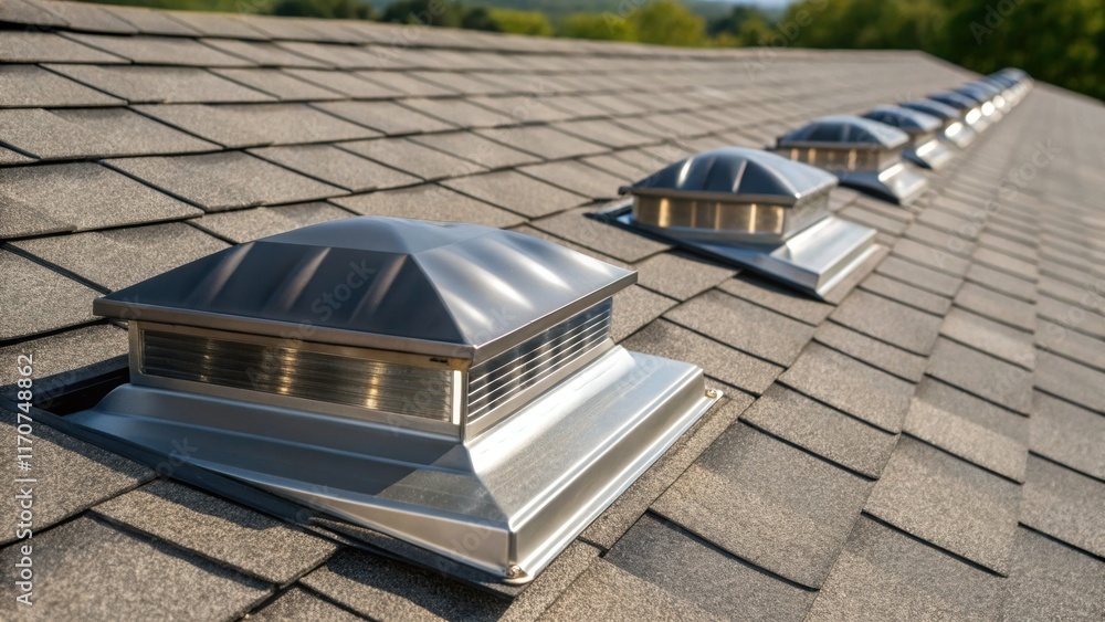 Poster a detailed shot of metallic ridge vent elements highlighting their sleek surface and intricate outs 