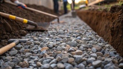 Naklejka premium A detailed shot of rocky gravel spilling over the edges of a trench where workers are carefully adjusting the distribution. Shovels and construction tools lay nearby showcasing the