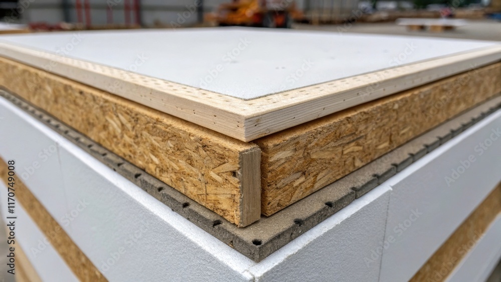 Poster a detailed view of a structural insulated panels edge where the foam core meets the rigid exterior. 
