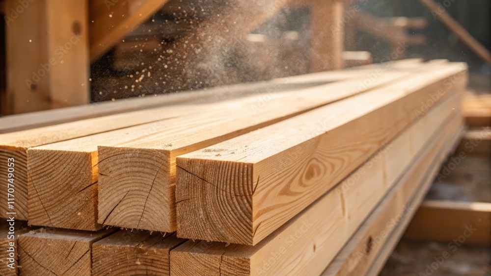 Poster A detailed view of freshly timber joists their ends perfectly notched and aligned emphasizing the precision of craftsmanship while dust particles float in the air catching the