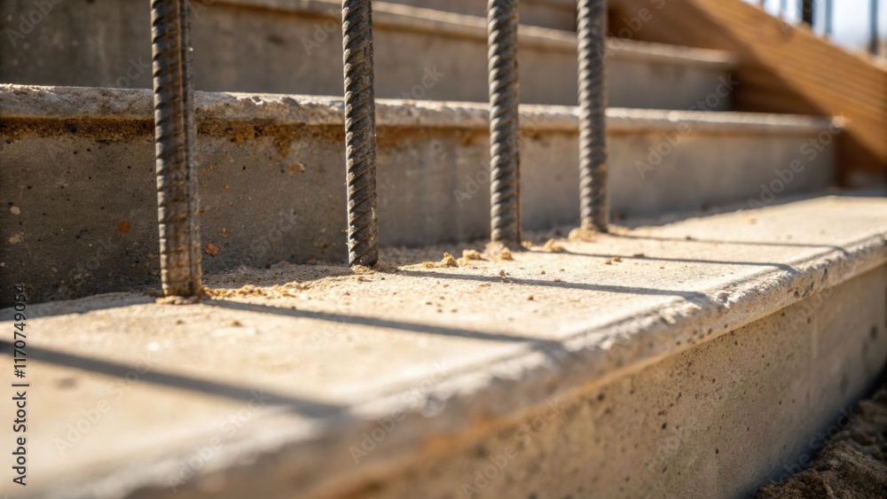 Aufkleber A detailed shot of the bottom edge of a concrete step reveals the reinforced steel bars embedded within showcasing the structural integrity of the material. Dust particles float in