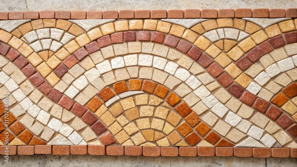 Poster A detailed shot of mosaic tiles in warm earthy tones arranged in a wavelike pattern. The natural variations in color and texture create a feeling of warmth and comfort while the