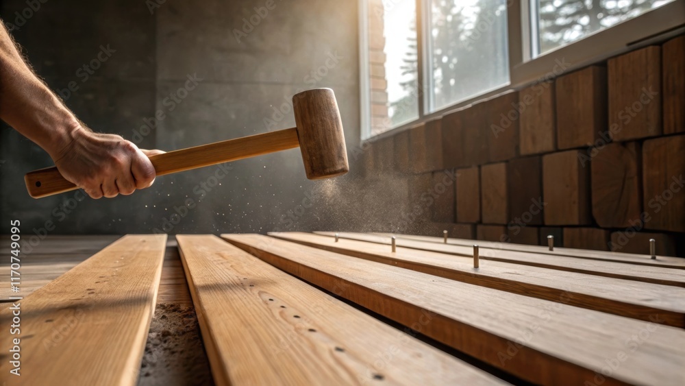 Poster a detailed view of a hand gripping a wooden mallet midswing above a row of neatly arranged hardwood 