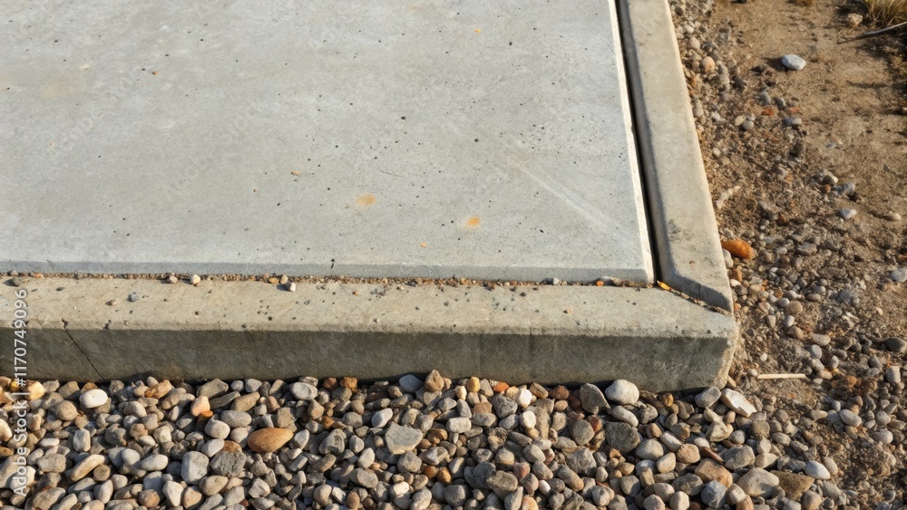 Poster A detailed view from above focusing on the edges of the concrete slab where the forms were removed revealing crisp clean lines. Small pebbles stuck in the surface hint at the rocky