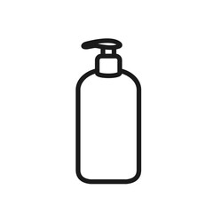 Cosmetic pump dispenser plastic container outline icon with editable stroke, isolated on white background. Packaging for soap, shampoo, cream, lotion, shower gel. Web design pictogram. Vector