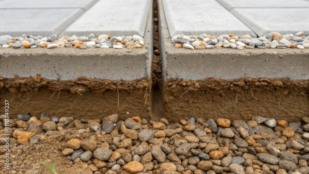 Aufkleber A detailed view of the joints where concrete footings meet the soil emphasizing the intricacies of water runoff management. Tiny pebbles and sediment are visible showing how the