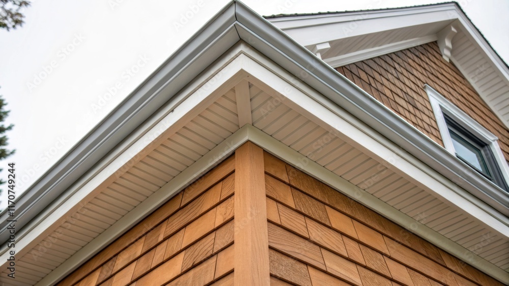 Poster A detailed view of the corner of the house demonstrates the transition from the prestained wood siding to the custompainted accents. The sharp lines and meticulous edges provide a