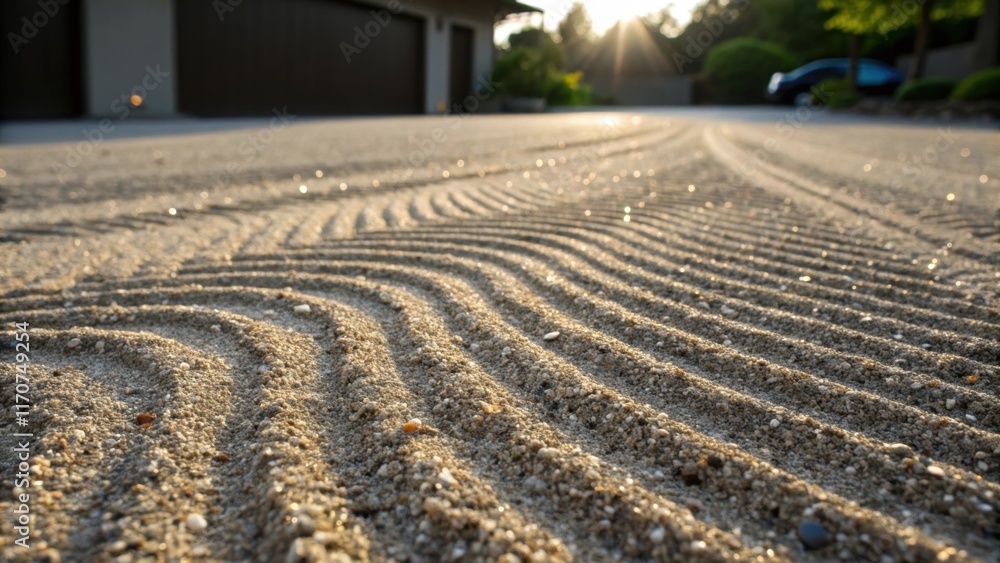 Poster A detailed view reveals the intricate patterns formed by gravel as it is expertly raked creating a visually appealing and functional driveway. The shimmering dust particles catch