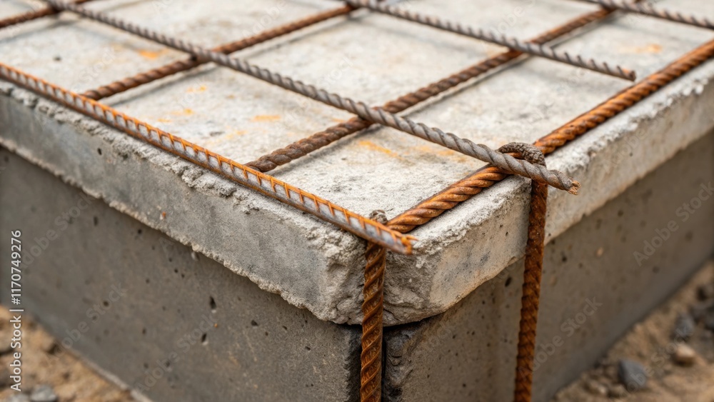 Poster a detail shot of a concrete slabs corner where the surface meets the exposed rebar showing the metic