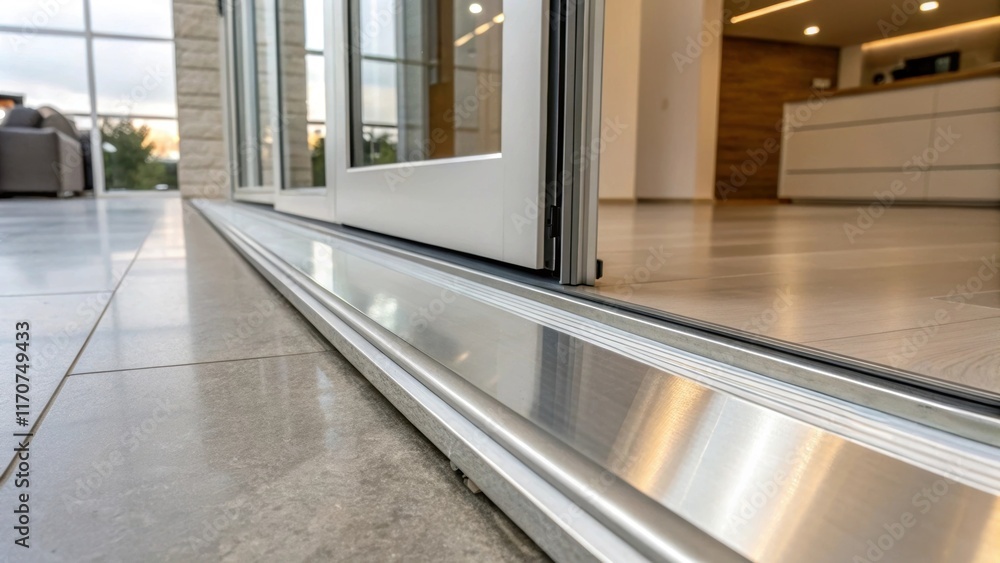 Poster A dynamic angle capturing the gleaming aluminum door sill as it sits atop of a recessed threshold. The vivid reflections of the work area create an engaging interplay of light