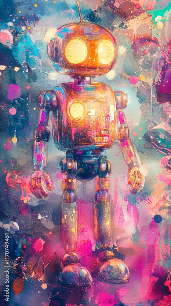 Poster robot with a glowing head stands in a colorful background