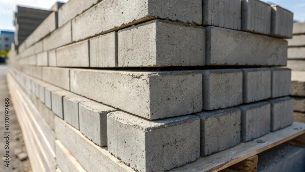 Poster a dramatic closeup capturing the rugged surfaces of stacked concrete blocks that are perfectly align